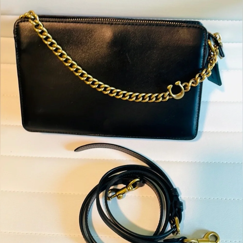 COACH Signature Chain Crossbody 78801 Black Leather with signature gold chain_5